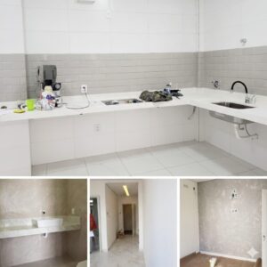 Linda cozinha com bancada de mármore, banheiro no mesmo padrão de acabamento, corredor e quarto.