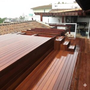 Lindo deck de tábuas corridas invernizado que foi instalado na cobertura de uma casa..